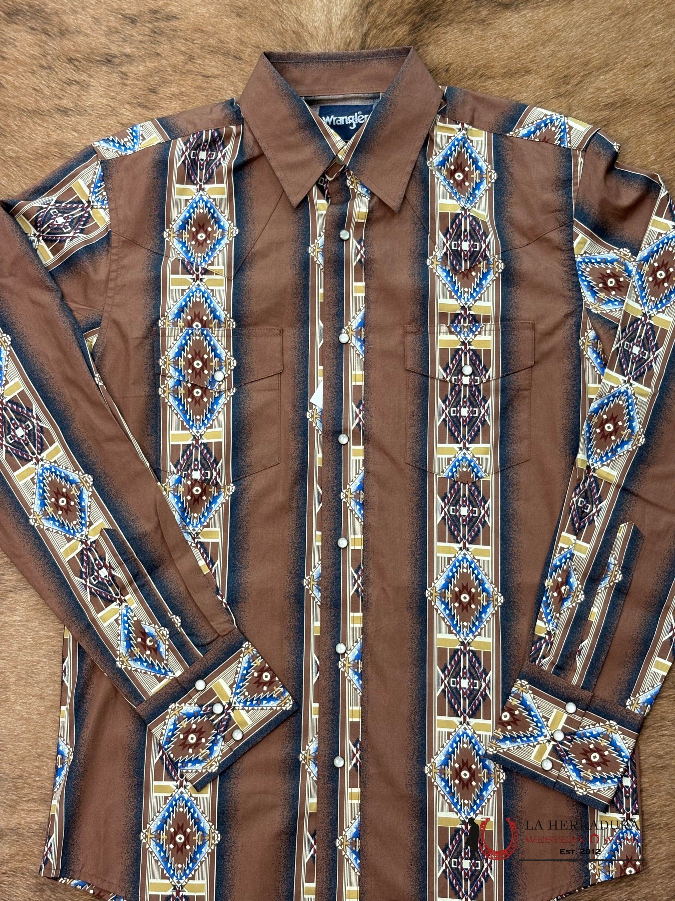 MEN’S WRANGLER CHECOTAH BROWN AZTEC PRINT LONG SLEEVE SHIRT - 112367724 ROPA HOMBRES