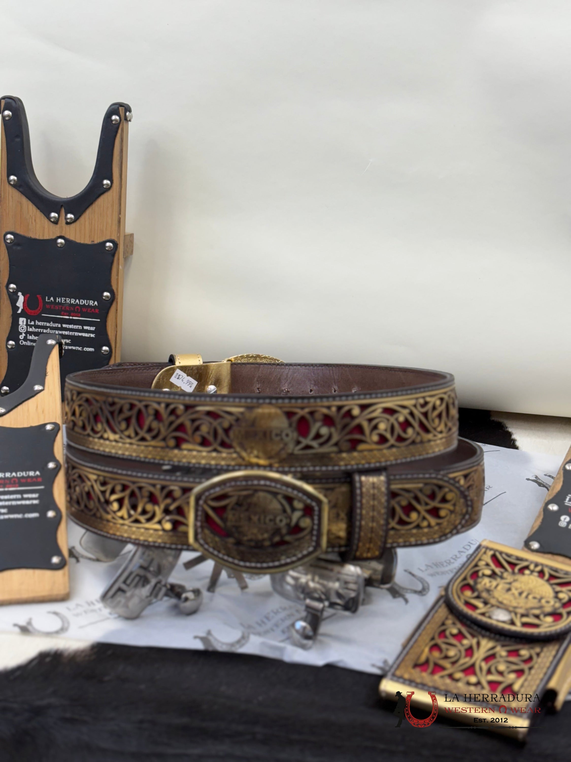 Mexico 2 Inc Belt Gold With Red Cinturones Hombres