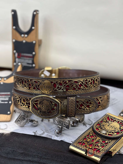BROWN/GOLD MEXICO 2 INC BELT GOLD WITH RED