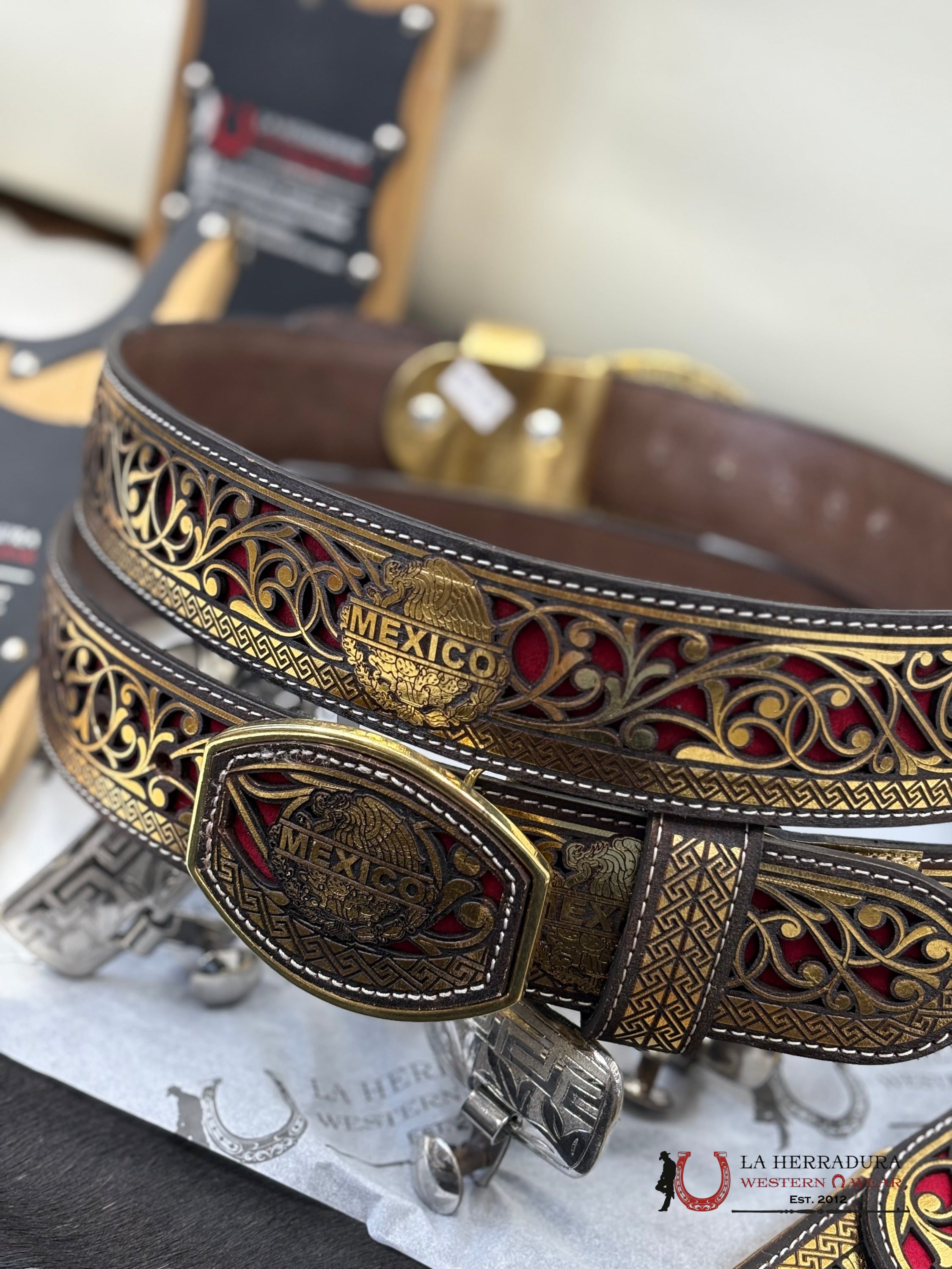 Mexico 2 Inc Belt Gold With Red Cinturones Hombres