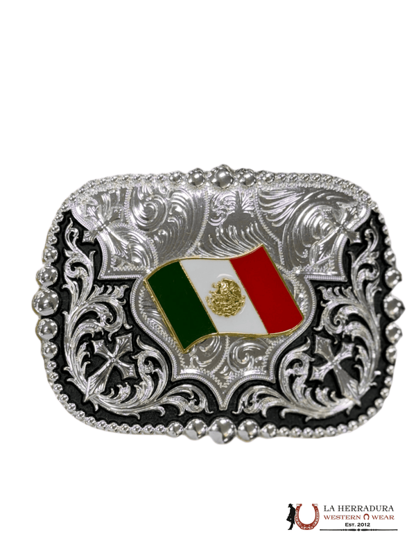 MEXICO FLAG BLACK AND SILVER SQUARE BUCKLE