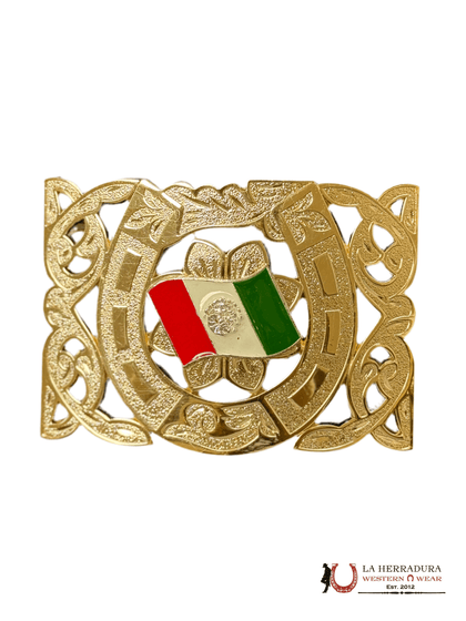MEXICO FLAG FLORAL DESIGN ALL GOLD SQUARE BUCKLE
