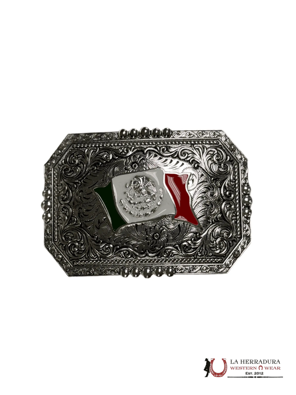 HEBILLA CUADRADA DE PLATA CON BANDERA DE MÉXICO