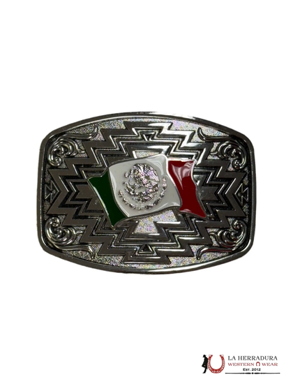 MEXICO FLAG WITH AZTEC DESGIN SILVER SQUARE BUCKLE