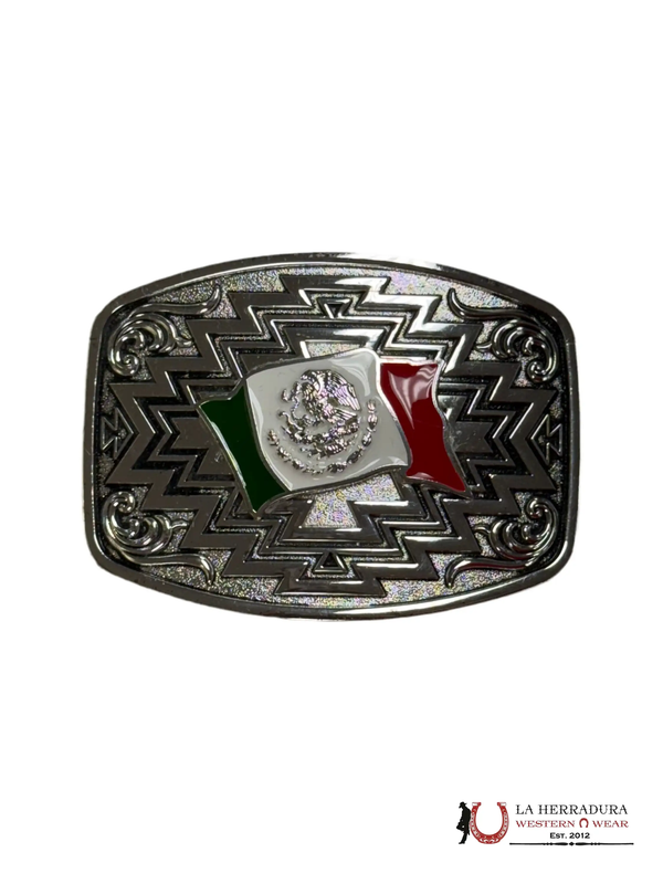 HEBILLA CUADRADA DE PLATA CON BANDERA DE MÉXICO Y DISEÑO AZTECA