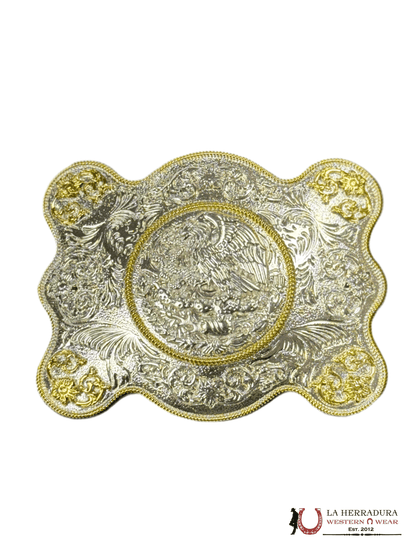 HEBILLA CUADRADA DE PLATA Y ORO DE MÉXICO