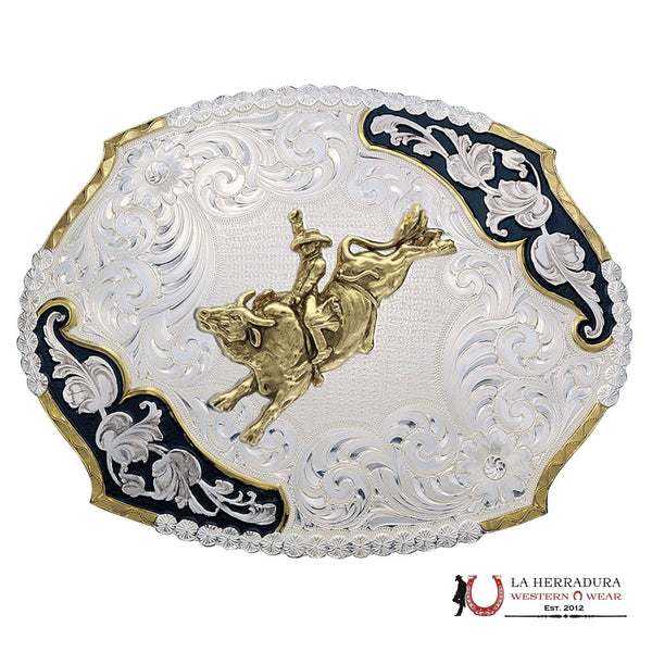 HEBILLA DE CINTURÓN OCCIDENTAL MONTANA SILVERSMITH HOJAS ANTIGUAS CON JINETE DE TOROS