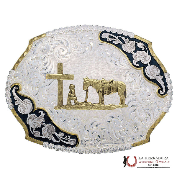 HEBILLA DE CINTURÓN OCCIDENTAL MONTANA SILVERSMITH DE HOJAS ANTIGUAS CON VAQUERO CRISTIANO