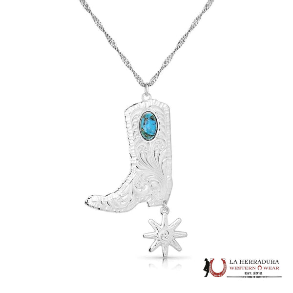 Collar de turquesa con botas y espuelas cinceladas de Montana Silversmith