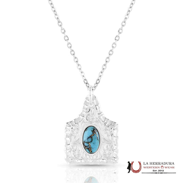 Montana Silversmith Collar de turquesa con etiqueta de vaca cincelada