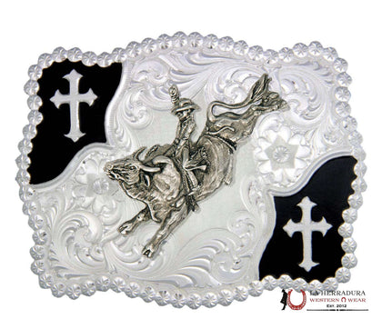 Montana Silversmith Christian Flourish Scallop Shape Belt Buckle with Bullrider