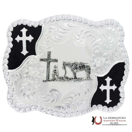 MONTANA SILVERSMITH CHRISTIAN FLOURISH SCALLOP SHAPE BELT BUCKLE WITH CHRISTIAN COWBOY