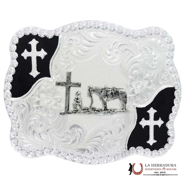 HEBILLA DE CINTURÓN MONTANA SILVERSMITH DE FORMA ONDULADA CHRISTIAN FLOURISH CON VAQUERO CRISTIANO