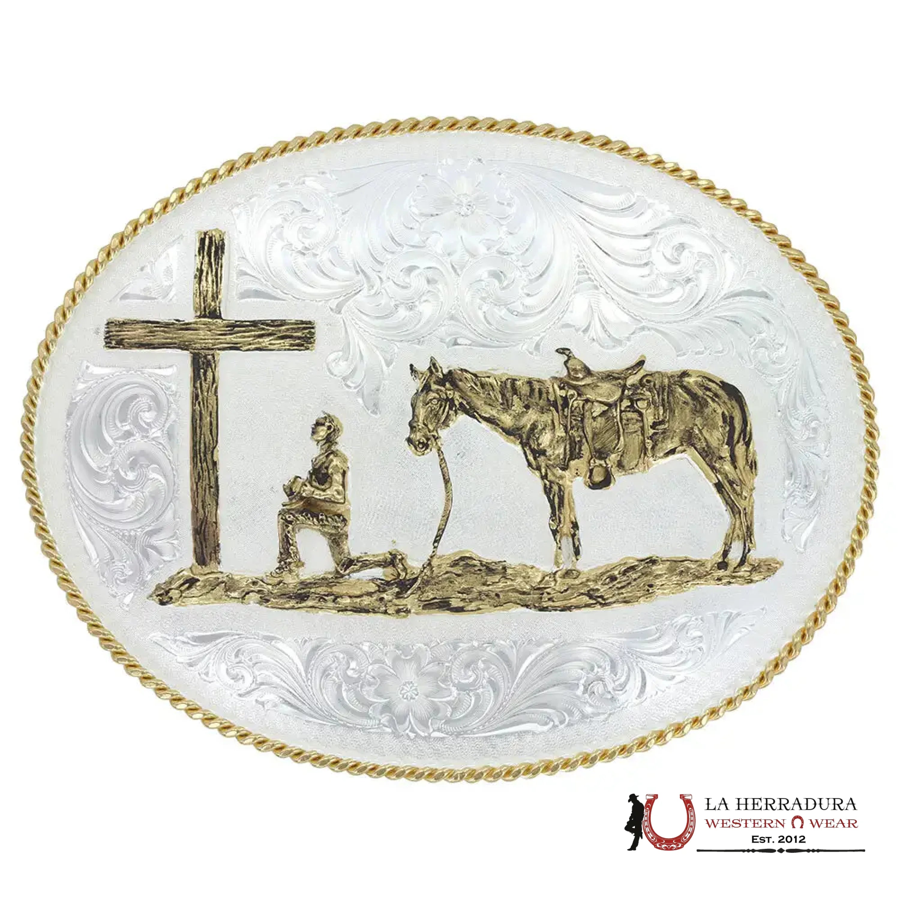 MONTANA SILVERSMITH LARGE SILVER ENGRAVED WESTERN BELT BUCKLE WITH CHRISTIAN COWBOY ACCESORIOS