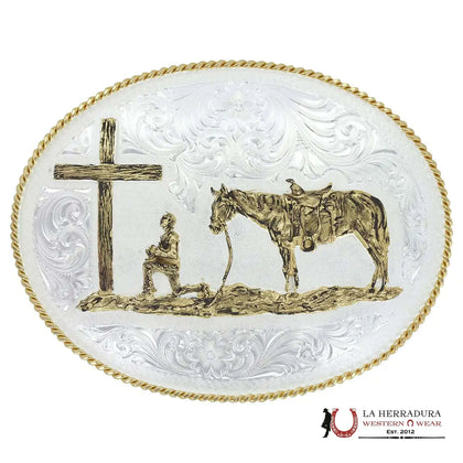 MONTANA SILVERSMITH HEBILLA GRANDE PLATEADA GRABADA ESTILO OESTE CON VAQUERO CRISTIANO