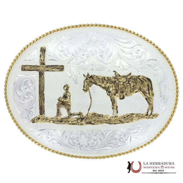 MONTANA SILVERSMITH HEBILLA GRANDE PLATEADA GRABADA ESTILO OESTE CON VAQUERO CRISTIANO