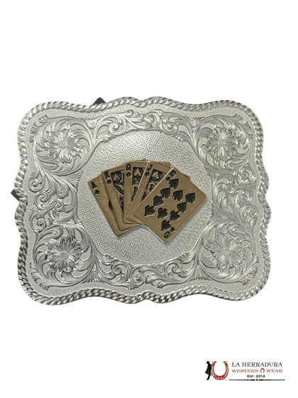 MONTANA SILVERSMITH SCALLOPED SILVER WESTERN BELT BUCKLE WITH VINTAGE CARDS