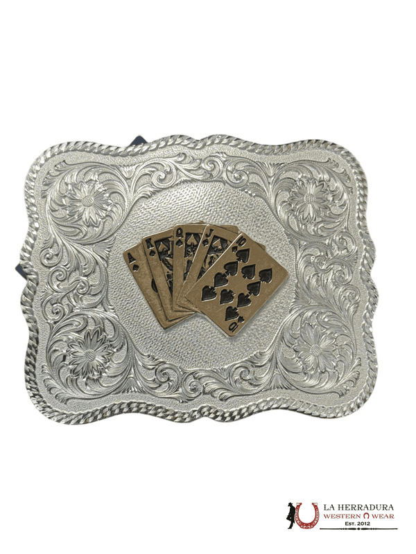 HEBILLA DE CINTURÓN OCCIDENTAL DE PLATA CON BORDE ONDULADO MONTANA SILVERSMITH CON CARTAS VINTAGE