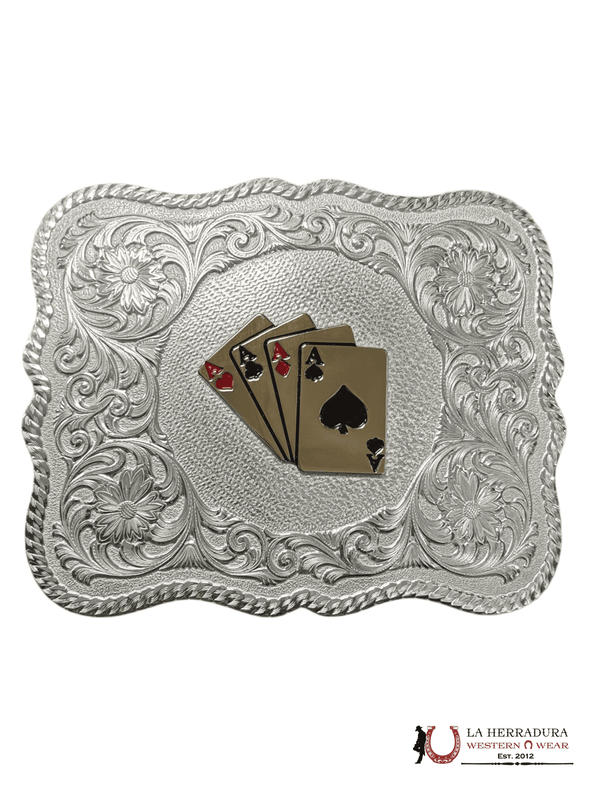 HEBILLA DE CINTURÓN DE CARTAS DE JUEGO VAQUERAS DE PLATA FESTONEADA MONTANA SILVERSMITH
