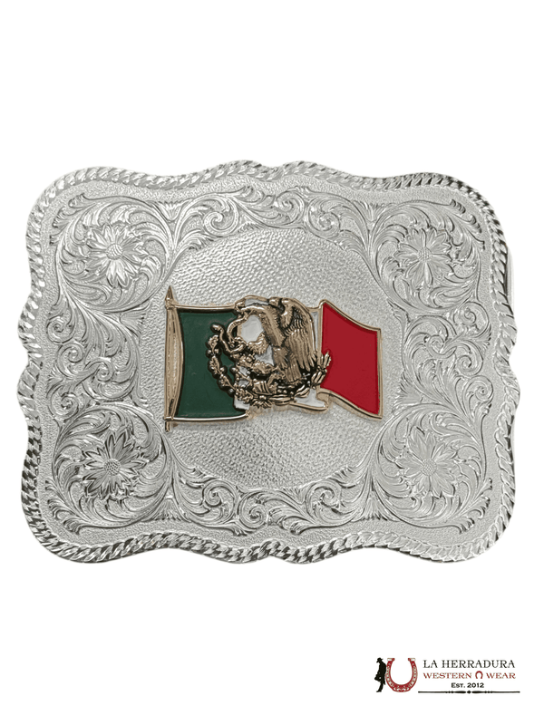 HEBILLA GRABADA MONTANA SILVERSMITH DE ONDA SOLVEE BANDERA DE MÉXICO