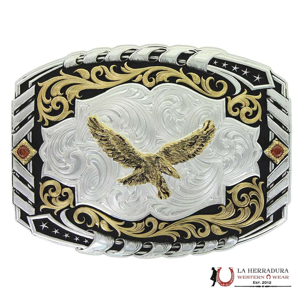 HEBILLA MONTANA SILVERSMITH DE DOS TONOS PARA ASIENTO TRASERO DE CABALLO CON ÁGUILA VOLADORA