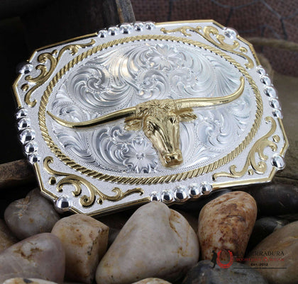 MONTANA SILVERSMITH TWO TONE COWBOY CAMEO BUCKLE WITH LONGHORN