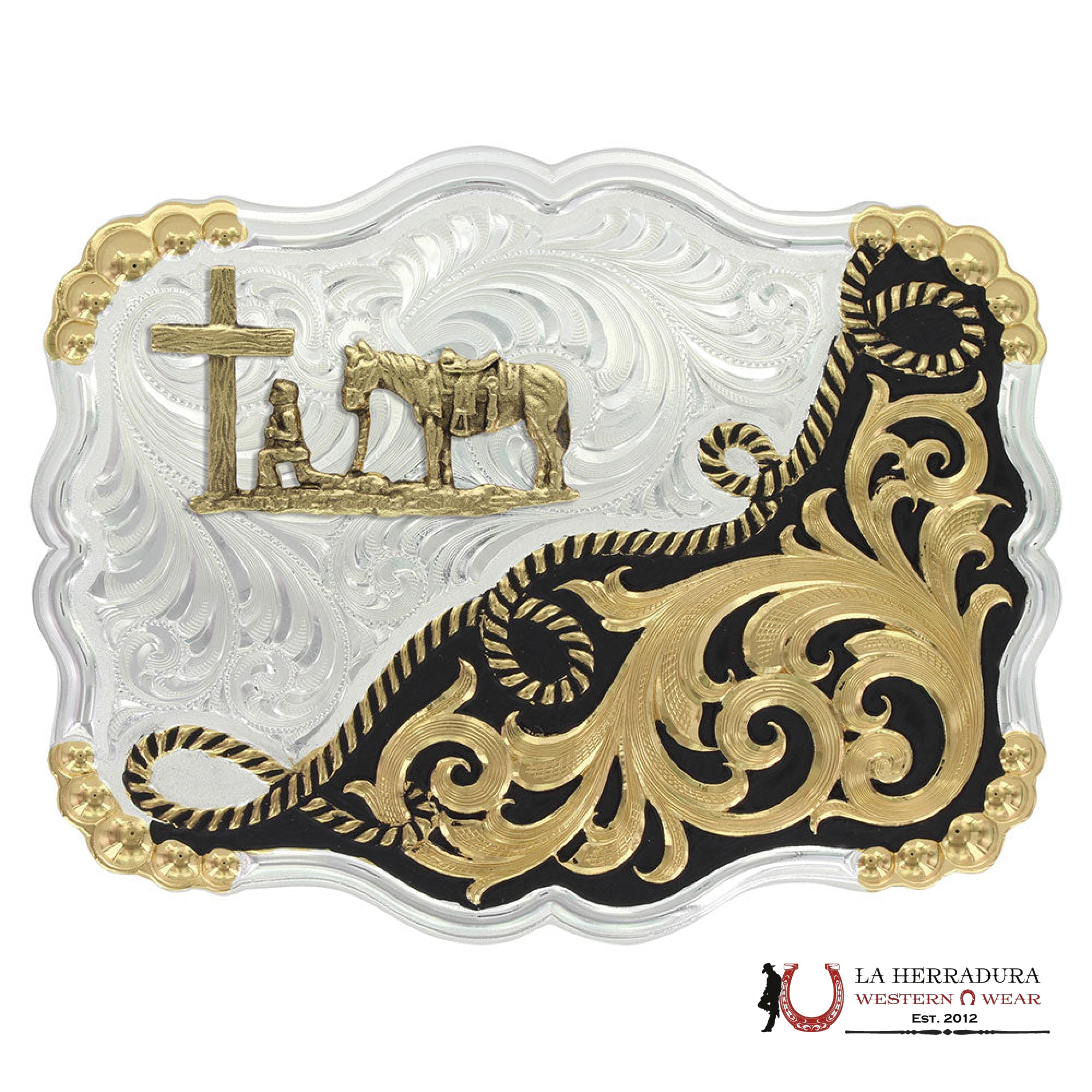 MONTANA SILVERSMITH TWO TONE HALF-N-HALF ROPE BUCKLE WITH CRISTIAN COWBOY ACCESORIOS