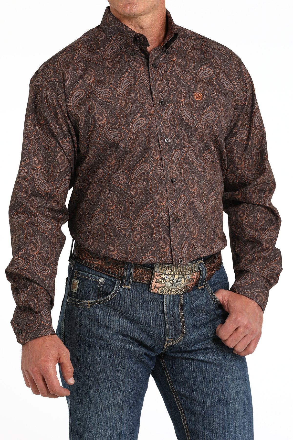 Cinch Paisley Print Button-Down Western Shirt - Brown