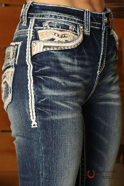 NATALIA ROCK IN LA JEANS BOOT CUT DARK WASH PEACH & TAN STITCHING EMBROIDERY RHINESTONES Ra-9320-PB