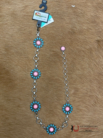 NOCONA BELTS GIRLS CHAIN BELT BLUE FLOWER WITH PINK STONE- N4442633