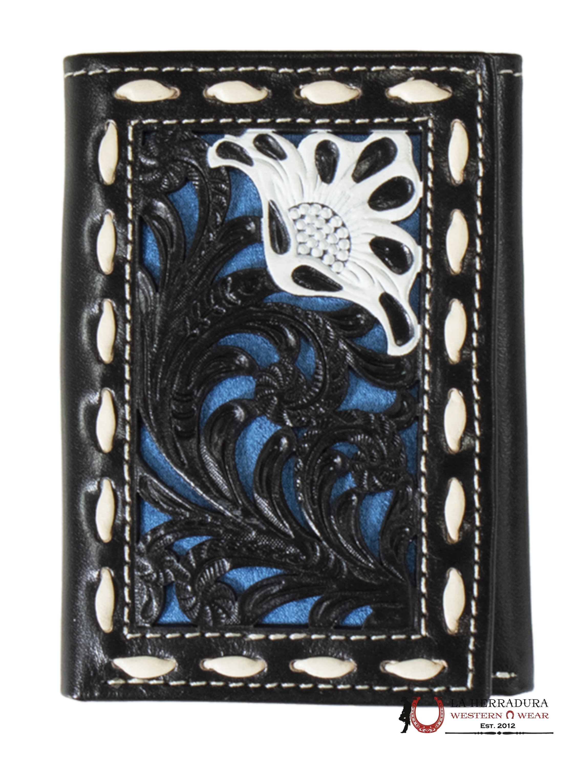 NOCONA BLACK AND BLUE HANDTOOLED TRI-FOLD WALLET- N5415227 ACCESORIOS
