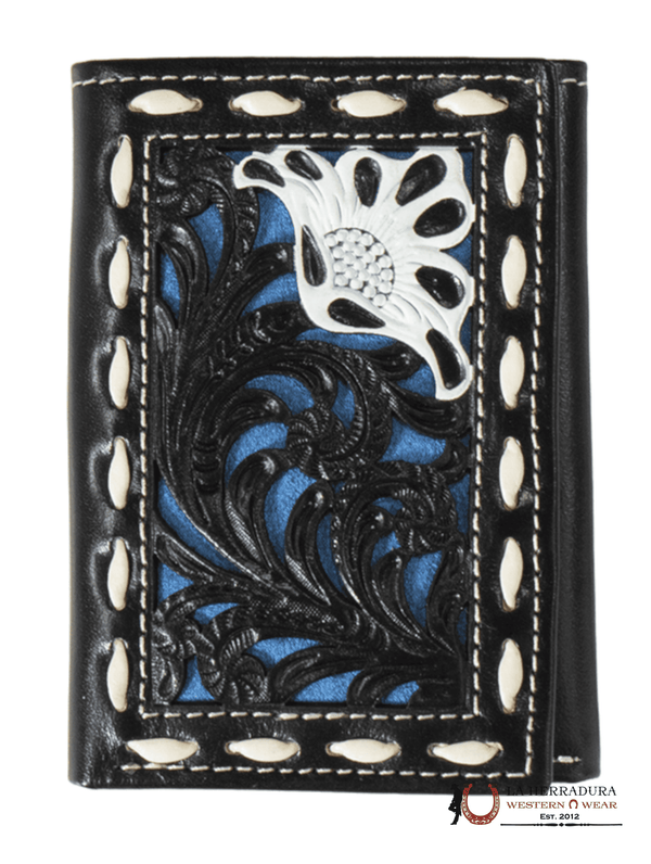 BILLETERA TRÍPTICA NOCONA NEGRA Y AZUL LABRADA A MANO - N5415227