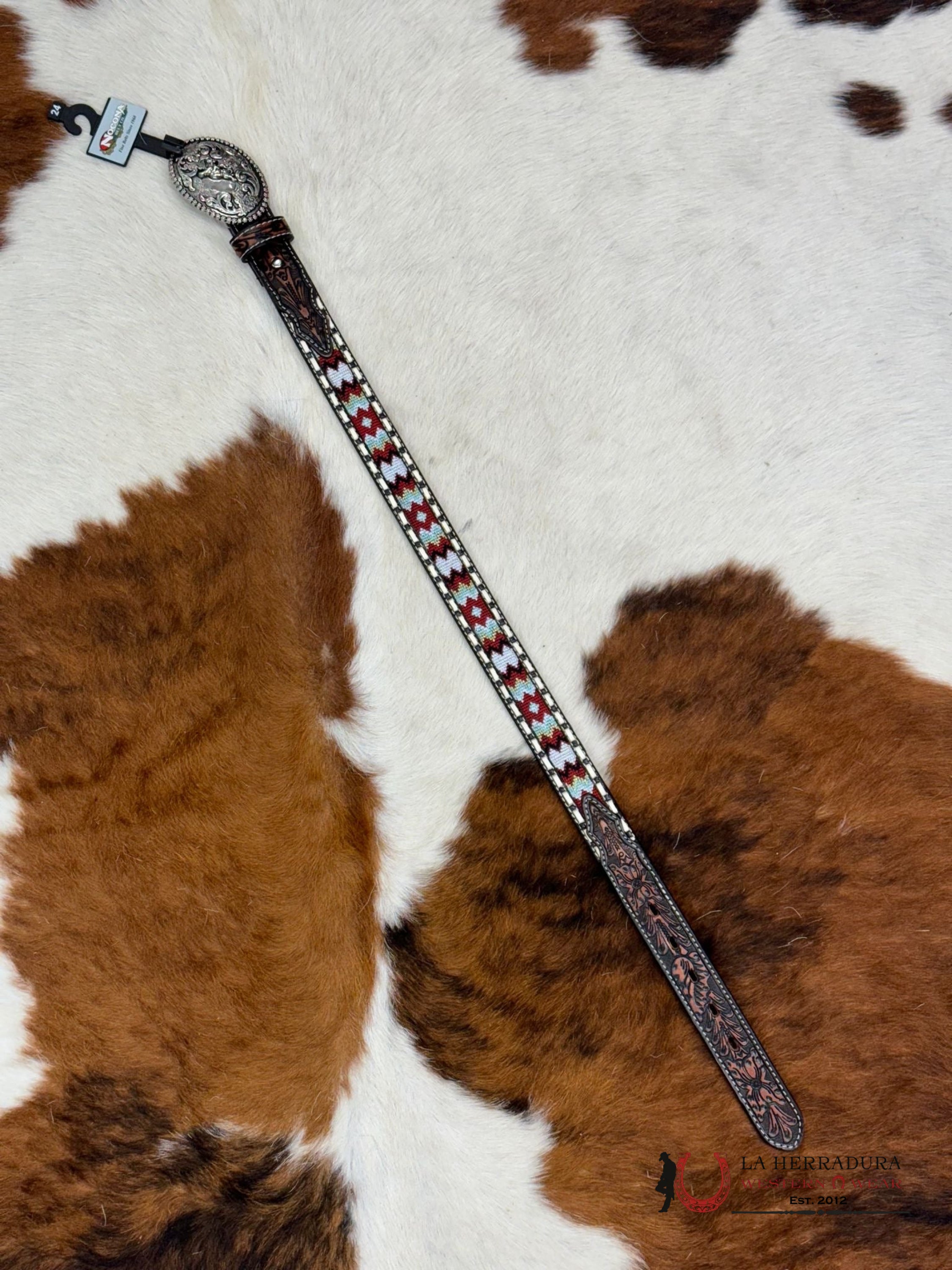 Nocona Bot Belt Tooled Brown Red Multi Niños