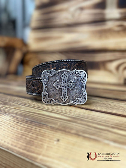 NOCONA DARK BROWN GIRLS PRINT HANT TOOLED WITH CROSS SILVER BUCKLE- N4443102