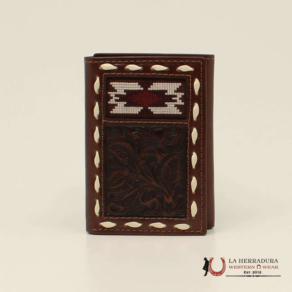 NOCONA BROWN HAND TOOLED AZTEC TRI-FOLD WALLET-N500039002