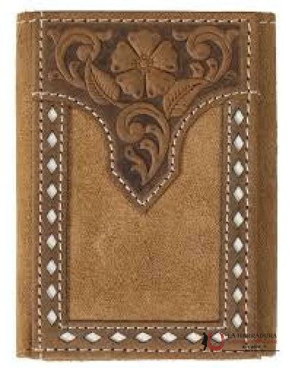 NOCONA BROWN SUEDE  HANDTOOLED TRI-FOLD WALLET- N5415808
