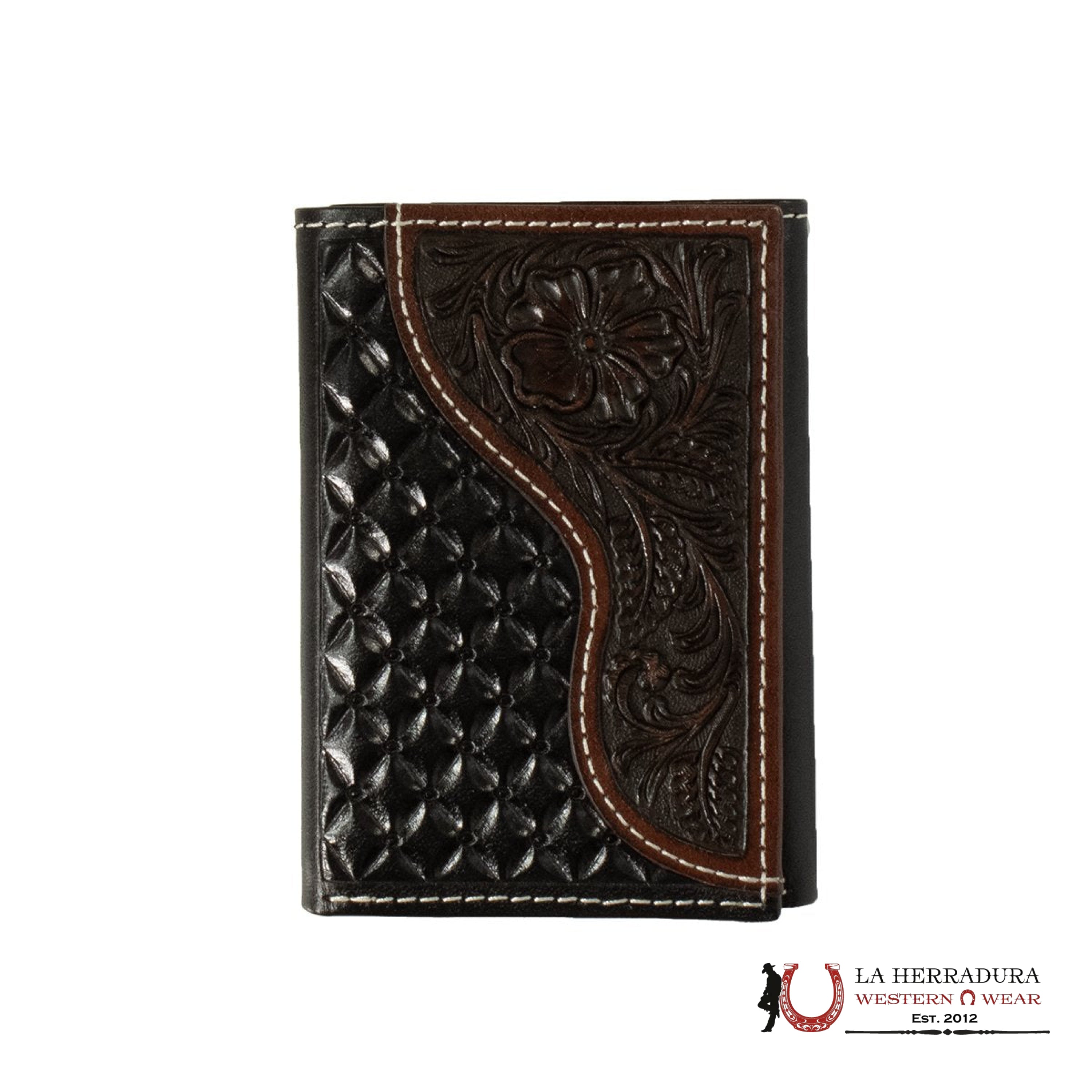 NOCONA MENS BLACK AND BROWN HANDTOOLED TRI-FOLD WALLET- N500046802 ACCESORIOS