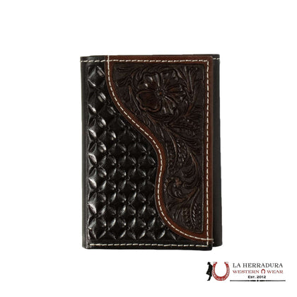 NOCONA MENS BLACK AND BROWN HANDTOOLED TRI-FOLD WALLET- N500046802