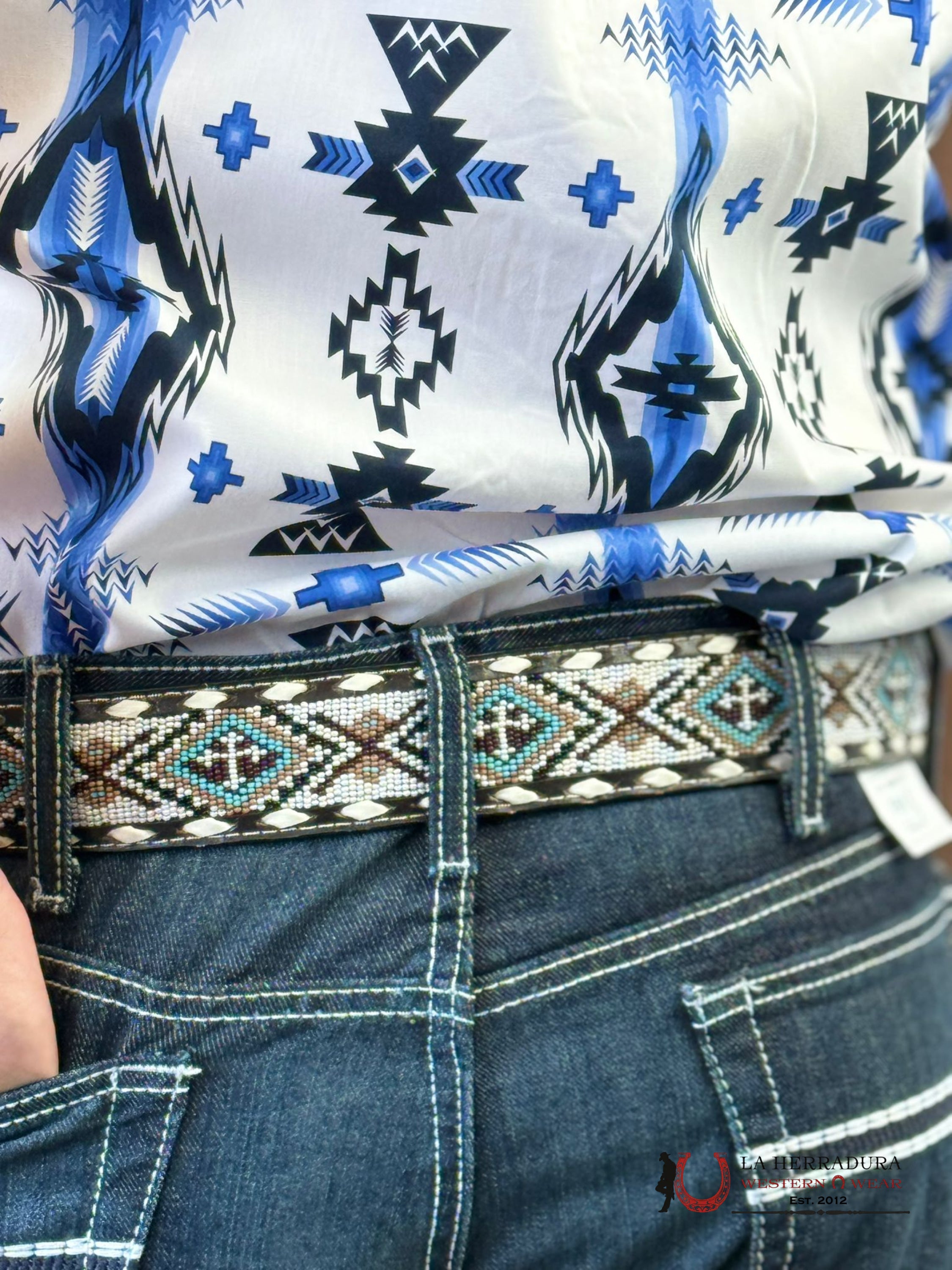 Nocona White Cross Aztec Beaded Belt Cinturones Hombres