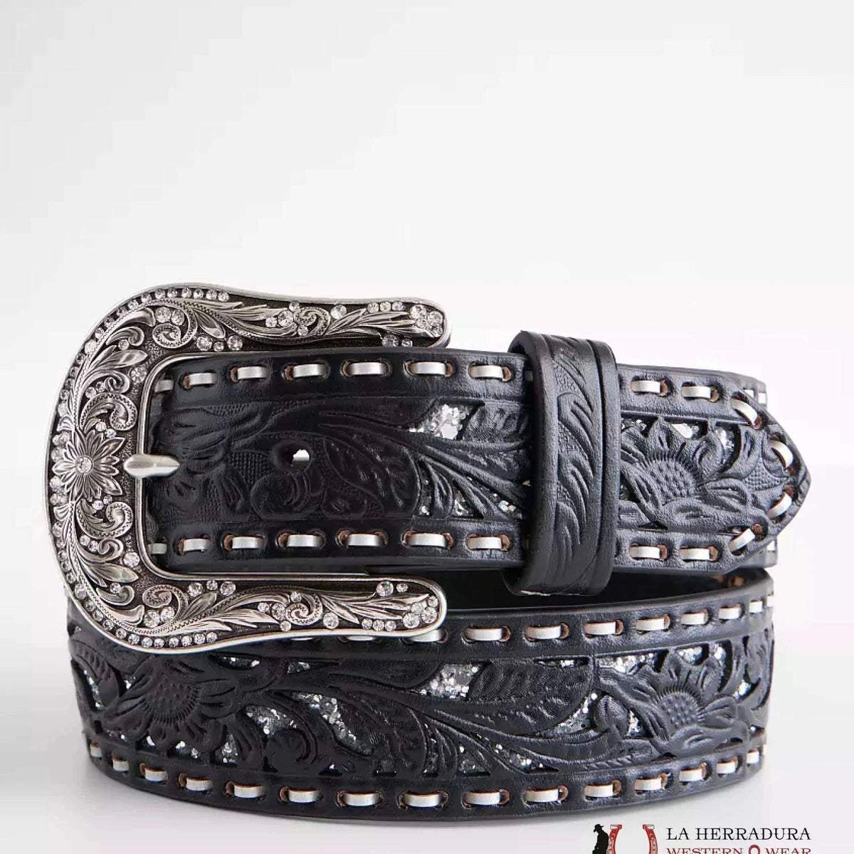 NOCONA WOMENS BLACK SILVER GLITTER BELT- N320000201 display picture 1
