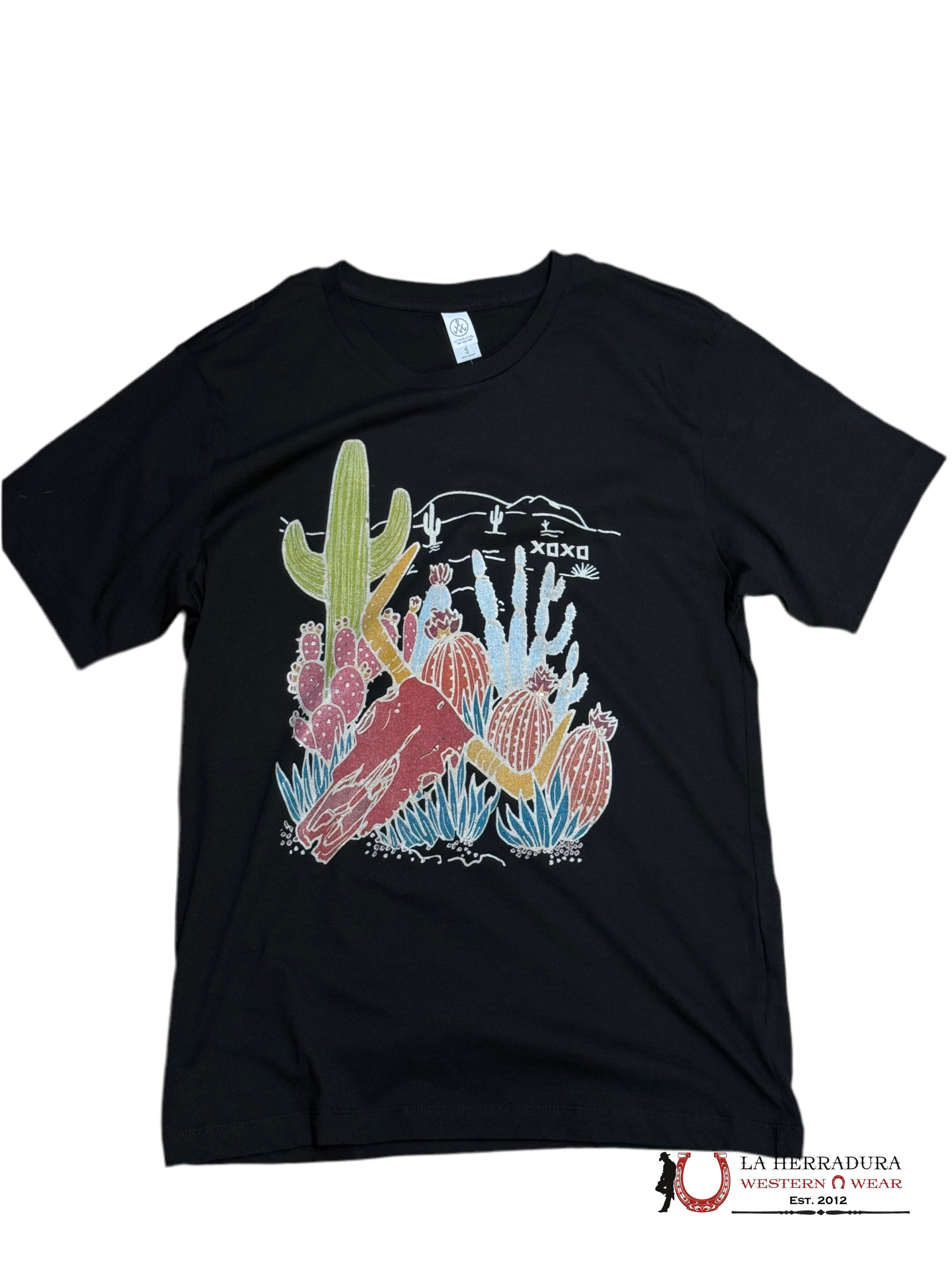 ORIGINAL XOXO WOMEN BLACK T-SHIRT COLOR FULL CACTUS LONG HORN ROPA MUJERES
