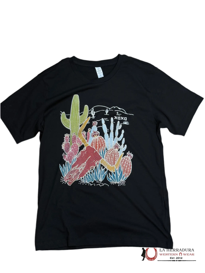 ORIGINAL XOXO WOMEN BLACK T-SHIRT COLOR FULL CACTUS LONG HORN
