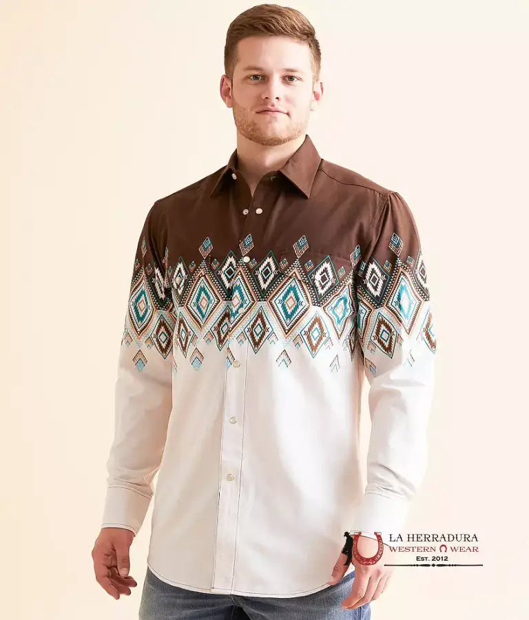 Panhandle Aztec Dark Brown Border Long Slevee - 4459 Ropa Hombres