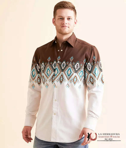 PANHANDLE AZTEC DARK BROWN BORDER LONG SLEEVE -SMN2S04459