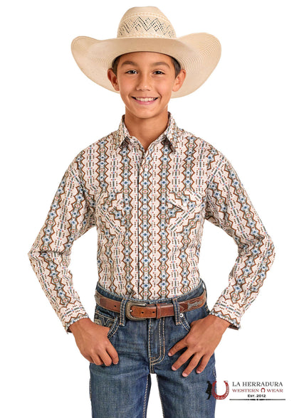 Camisa de manga larga para niño Panhandle Aztec Tan con botones a presión - RBN2S06535