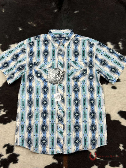 CAMISA VAQUERA DE MANGA CORTA AZUL CLARO CON CORCHETES Y DISEÑO AZTECA