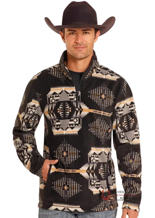 Panhandle Black Aztec Printed Fleece Pullover Ropa Hombres