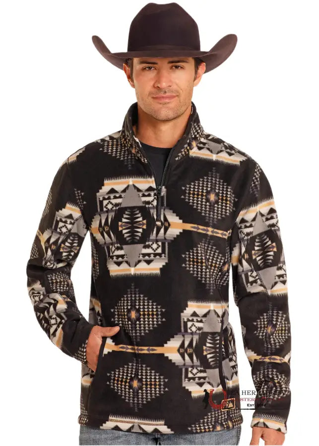 Panhandle Black Aztec Printed Fleece Pullover Ropa Hombres