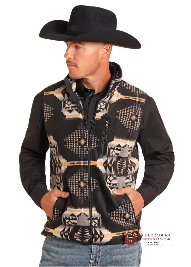 Panhandle Black Aztec Printed Fleece Vest Ropa Hombres