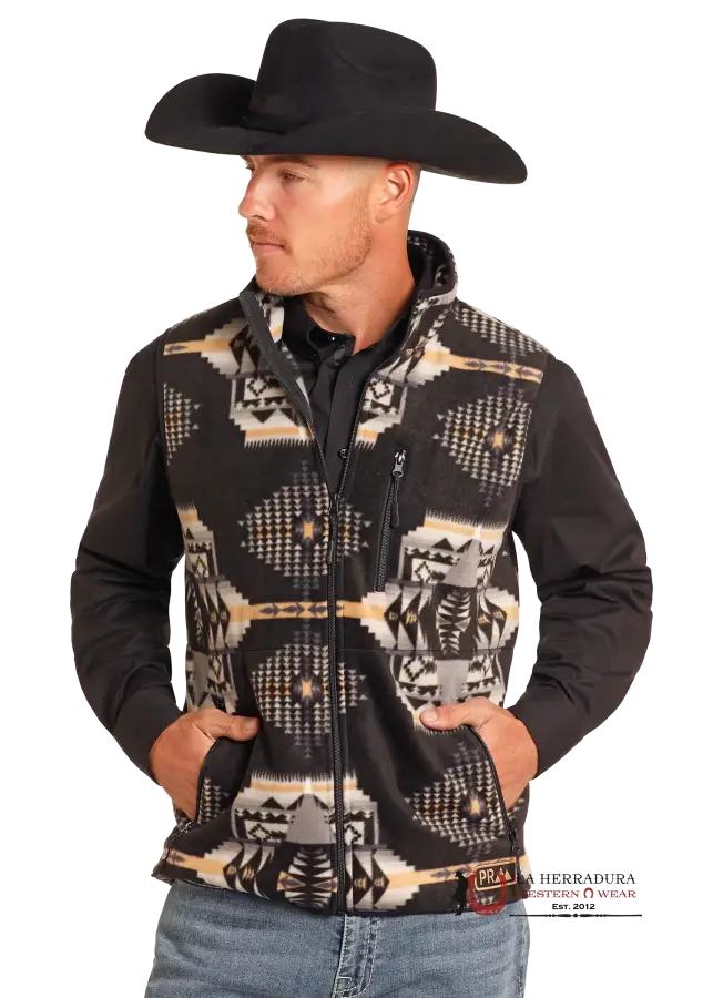 Panhandle Black Aztec Printed Fleece Vest Ropa Hombres